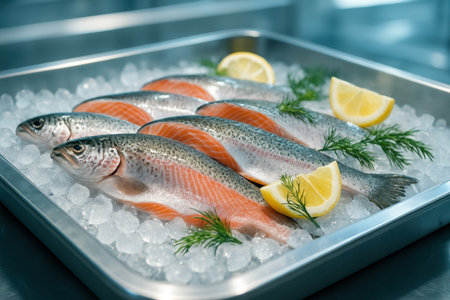 Whole fresh rainbow trout with visible pink fillets, arranged on a bed of crushed ice in a stainless steel tray, garnished with bright lemon wedges and aromatic dill sprigs.の素材