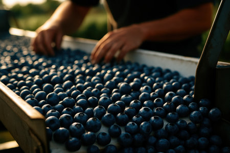 Freshly harvested blueberries on a conveyor belt, with hands sorting the ripe fruit. emphasizes the agricultural harvest process and quality control.の素材
