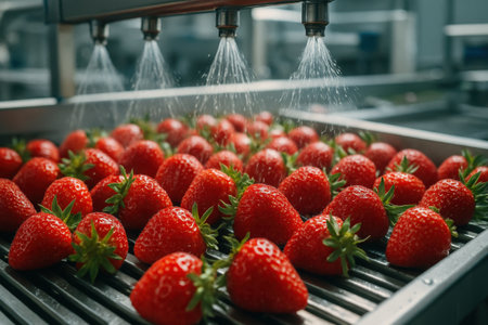 Fresh ripe red strawberries moving on a conveyor belt, being washed by water jets in a modern food processing plant. focus on quality control and hygiene.の素材