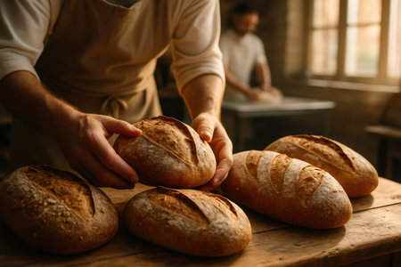 Baker hands carefully arranging warm, freshly baked artisan bread loaves on a rustic wooden table in a traditional bakery. focus on craftsmanship and natural ingredients.の素材