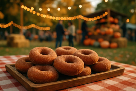 Warm apple cider donuts dusted with cinnamon sugar on a wooden tray, set on a red and white checkered tablecloth at an outdoor fall festival with string lights and pumpkin stand in the background.の素材