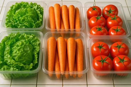 Fresh green lettuce, vibrant orange carrots, and ripe red tomatoes neatly stored in transparent plastic containers, ready for healthy meals and grocery shopping.の素材