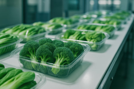 Fresh organic broccoli and green leafy vegetables are neatly packed in clear plastic containers, moving along a white conveyor belt in a food processing facility, highlighting modern food packaging and distribution.の素材