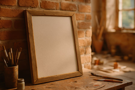 Blank canvas in a rustic wooden frame leaning against a textured brick wall in a sunlit art studio, surrounded by paint brushes and art supplies on a wooden table.の素材