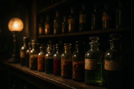 Rows of antique glass bottles filled with colorful liquids and dried herbs on wooden shelves in a dimly lit, old fashioned apothecary shop, evoking a sense of history and mystery.の素材
