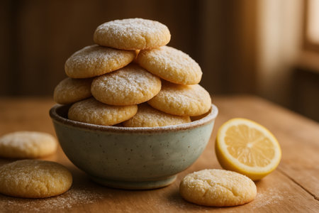 Homemade lemon shortbread cookies, dusted with powdered sugar, stacked high in a rustic bowl on a wooden table, with a sliced lemon nearby.の素材
