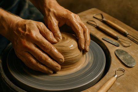 Potter hands expertly molding wet, earthy toned clay on a spinning pottery wheel, surrounded by various sculpting tools, showcasing traditional craftsmanship and creative process.の素材