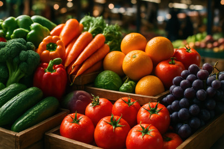 Fresh ripe fruits and vegetables including tomatoes, oranges, grapes, carrots, bell peppers, broccoli, and cucumbers, neatly arranged in wooden crates at a vibrant farmers market stall, showcasing healthy eating and abundance.の素材