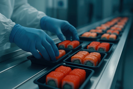 Worker in blue sterile gloves carefully places fresh sushi rolls in black trays on a conveyor belt in a modern food production facility, emphasizing hygiene and efficiency.の素材
