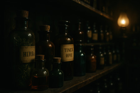 Antique glass bottles with cork stoppers and aged labels, filled with various liquids and herbs, arranged on a dark wooden shelf. dimly lit scene evokes a historical apothecary or laboratory.の素材