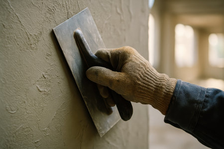 Gloved hand of a builder smoothing fresh plaster on a wall with a metal trowel. close up shot of the construction process, highlighting the texture and craftsmanship.の素材