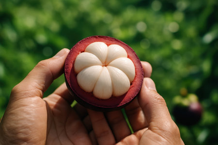 Freshly cut mangosteen fruit held by a hand, revealing its white, juicy pulp against a blurred green background. symbolizes healthy eating and tropical delight.の素材