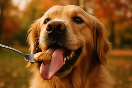 Golden retriever dog with tongue extended, happily licking peanut butter from a spoon. close up shot capturing the dog joyful expression outdoors.の素材