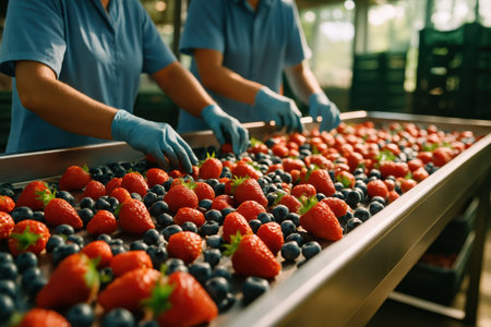 Workers in blue uniforms and gloves sorting fresh strawberries and blueberries on a conveyor belt in a food processing plant, ensuring quality control.の素材
