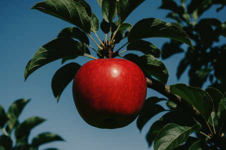Vibrant red apple hanging from a branch of an apple tree, surrounded by lush green leaves, against a clear blue sky on a sunny day.の素材