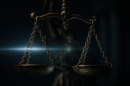 Perfectly balanced scales of justice illuminated by a bright, cool light beam against a dark background, symbolizing fairness, equality, and the legal system.の素材