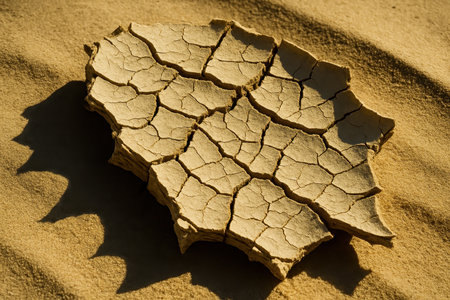 Piece of dried, cracked mud on golden desert sand, casting a sharp shadow. represents drought, aridity, and the impact of climate change on the environment.の素材