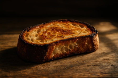 Single slice of golden brown toasted sourdough bread with a thick, irregular crust and airy interior, resting on a rustic wooden table with natural light and shadows.の素材