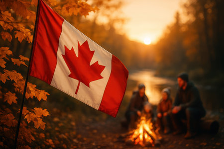 Canadian flag waving prominently amidst golden autumn foliage. a family gathers around a warm campfire by a river at sunset, creating a cozy outdoor scene.の素材