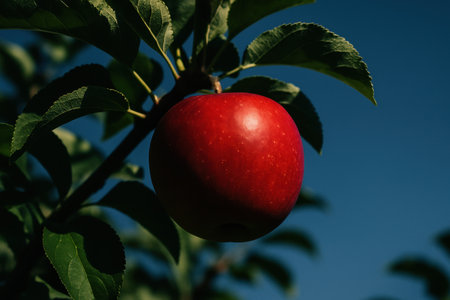 Vibrant red apple hanging from a tree branch, surrounded by lush green leaves, set against a clear blue sky. symbolizes harvest, nature, and healthy eating.の素材