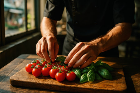 Male chef hands arranging vibrant red cherry tomatoes and fresh green basil leaves on a rustic wooden cutting board, emphasizing healthy cooking and preparation in a kitchen setting.の素材