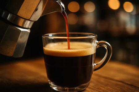 Rich espresso coffee being poured from a silver moka pot into a clear glass cup, creating a layered effect with golden crema on a rustic wooden table.の素材
