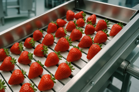 Fresh ripe red strawberries being sorted and transported on a stainless steel conveyor belt in a clean, automated food processing facility, highlighting quality control and industrial production.の素材