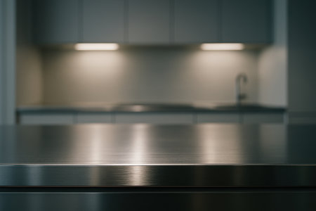 Modern stainless steel countertop with a polished, reflective surface in a blurred kitchen setting. ideal for product display or contemporary design.の素材
