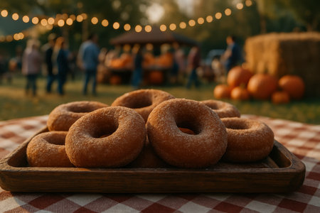 Freshly baked apple cider donuts with cinnamon sugar on a wooden tray, set on a red and white checkered tablecloth. blurry background of a lively outdoor fall festival with string lights, people, pumpkins, and hay bales.の素材