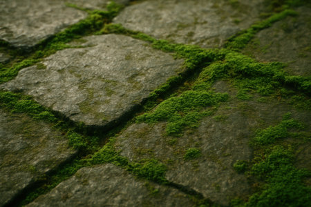Weathered stone pathway with intricate patterns of vibrant green moss filling the cracks and crevices, creating a natural texture.の素材