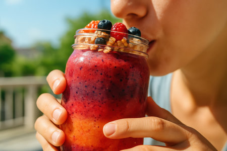 Woman sips a colorful layered fruit smoothie from a glass jar, topped with fresh blueberries, raspberries, and crunchy granola, enjoying a healthy drink outdoors.の素材