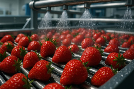 Ripe red strawberries moving on a conveyor belt, undergoing washing and sorting in a high tech food processing plant. focus on hygiene, automation, and quality control in industrial agriculture.の素材