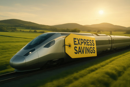 Sleek silver high speed train with a yellow EXPRESS SAVINGS tag, speeding through vibrant green fields and rolling hills under a golden sunset sky, symbolizing fast deals and efficient travel.の素材