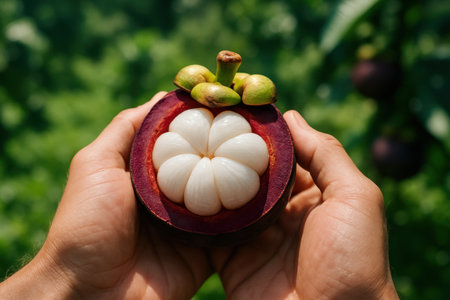 Hands gently holding a freshly harvested, perfectly ripe mangosteen fruit, cut open to reveal its juicy white segments against a natural green background.の素材