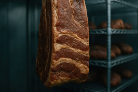 Large slab of cured pork belly hanging in a dark, cool refrigerated charcuterie aging room. focus on the texture of the meat and fat layers, highlighting the quality and traditional preparation.の素材