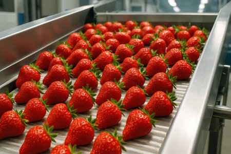 Fresh, vibrant red strawberries with green stems moving along a stainless steel conveyor belt in a clean, modern food processing facility for sorting and packaging.の素材