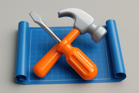 Glossy plastic hammer and screwdriver crossed on an unrolled blue blueprint, symbolizing construction, repair, and engineering planning.の素材