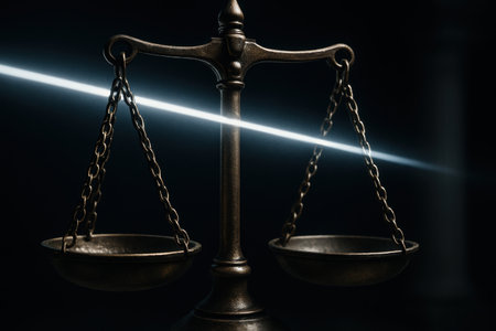 Antique bronze balance scale, perfectly centered, with a bright diagonal light beam cutting across a dark, dramatic background. symbolizes justice, law, and equality.の素材