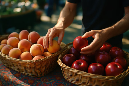 Man hands selecting fresh, ripe peaches and shiny red apples from traditional woven baskets at a vibrant outdoor farmer market.の素材
