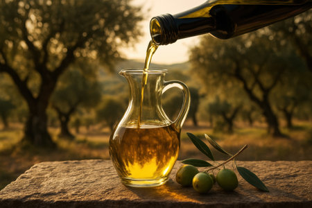 Golden olive oil smoothly pouring from a dark bottle into a clear glass carafe on a stone surface, with fresh olive branches and an olive grove at sunset.の素材