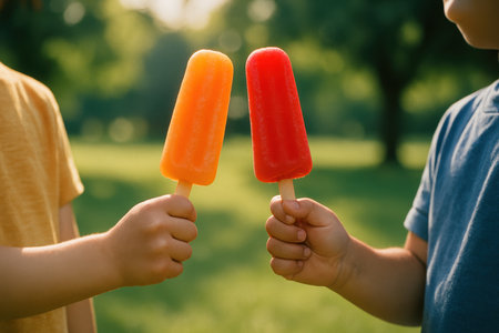 Children hands holding vibrant red and orange popsicles outdoors on a sunny day. symbolizes summer, childhood joy, refreshment, and sweet treats.の素材