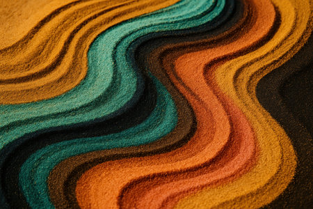 Dynamic wavy pattern formed by multicolored sand grains, showcasing a textured surface with flowing lines in vibrant orange, teal, brown, and black tones. ideal for abstract backgrounds or creative designs.の素材