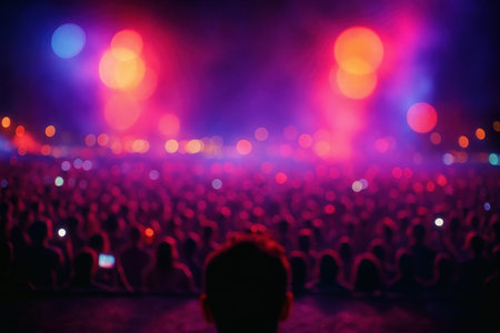 Large crowd of people at a vibrant outdoor music festival at night, illuminated by colorful stage lights and bokeh effects. atmosphere of excitement and entertainment.の素材