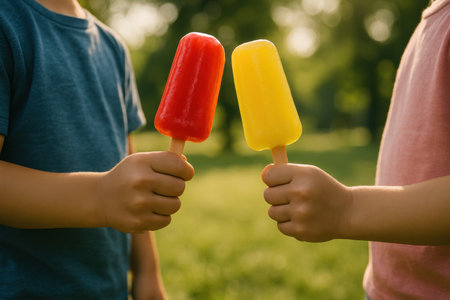 Children hands holding vibrant red and yellow popsicles, clinking them together outdoors on a sunny summer day. represents childhood joy, friendship, and refreshing treats.の素材