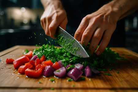 Hands rapidly chopping fresh green herbs, red bell peppers, and purple onions on a wooden cutting board, preparing ingredients for a healthy meal.の素材
