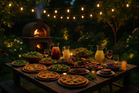 Rustic wooden table laden with pizzas, fresh salads, and drinks, illuminated by warm string lights at a cozy outdoor garden party with a brick pizza oven.の素材