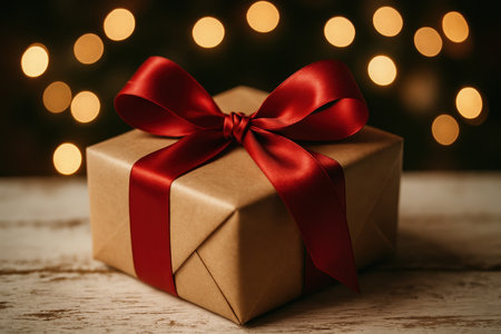 Brown paper gift box with a vibrant red satin ribbon and bow, placed on a rustic white wooden surface with blurred golden bokeh lights, symbolizing celebration and joy.の素材