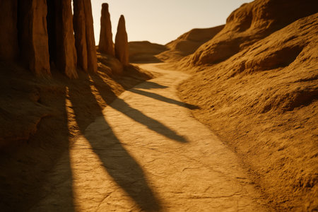 Winding desert path made of light beige sandstone, leading into the distance, with long shadows cast by tall rock formations under a warm sun.の素材