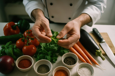 Hands of a professional chef carefully selecting fresh green herbs from a colorful array of vibrant vegetables and various spices, emphasizing healthy food preparation and culinary expertise on a kitchen counter.の素材