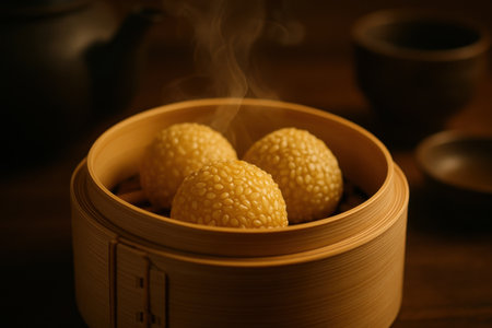 Golden sesame balls steaming in a traditional bamboo dim sum steamer basket. hot and fresh asian dessert with a subtle steam rising, ready to be served.の素材